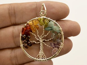 Ronde Sept Chakra Arbre de Vie Pierre Précieuse Fil Enroulé Argent Plaqué À La Main Lâche Cabochon Pierre Pendentif Guérison Cristal Lot - Product Image 4