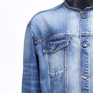 Veste en jean pour homme sur mesure, vintage, à bords bruts, à ourlet brut, lavée, coupe ample, sans col, avec poche - Product Image 5