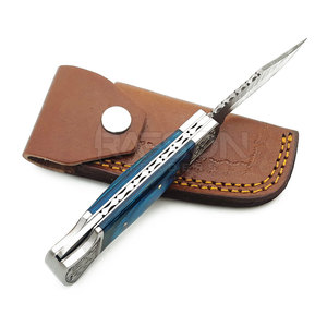 Couteau de poche pliant personnalisé fait à la main en acier Damas avec manche en bois de qualité supérieure gaine en cuir support OEM disponible - Product Image 3