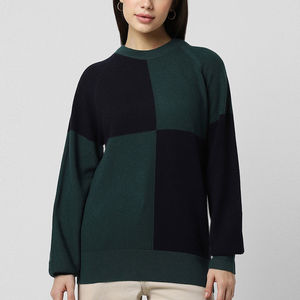 Pull en cachemire fait main pour femme, coupe classique décontractée, col rond, tricot côtelé, motif de logo sur le devant, anti-boulochage - Product Image 1