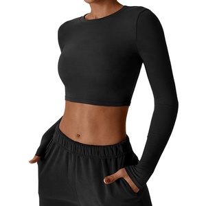 Pantalon de survêtement taille haute pour femme ensemble de joggeurs haut court avec col rond manches longues polaire solide coupe ajustée pour la course décontractée en hiver - Product Image 6