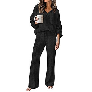 2025 Fall Outfits for <b>Women</b> Knitted Sweater <b>Lounge</b> Sets Elegant V-Neck Long Sleeve Tops and Straight <b>Pants</b> Soft Warm Wholesale - Product Image 2