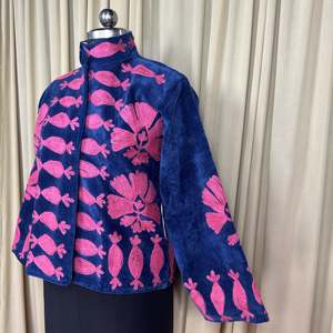 Boho Chic Retro Chic Free Size Blue Floral Robe Hand Embroidered Velvet Suzani <b>Jacket</b> Open Front Winter Wear Soft Free Size Coat - Product Image 6
