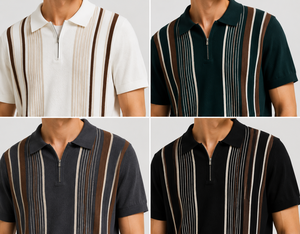 High Quality Summer Comfortable Short Sleeve Patchwork Men's Half <b>Zip</b> Plain Dyed Casual Viscose/Polyester 180g Knitted Shirt - Product Image 3