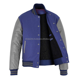 2026 <b>Men's</b> Premium Blue <b>Fleece</b> Varsity Jacket With <b>Grey</b> Leather Sleeves Multi Color Trims Design Letterman Winter Heated Jackets - Product Image 3
