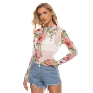 Nueva Camiseta de Manga Larga de Malla Floral de Alta Calidad para Mujer 2026, Top Ligero con Estampado Botánico, Ajuste Entallado Personalizado - Product Image 1