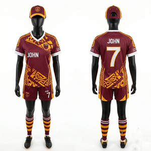 Kit de football gaélique pour femmes en polyester respirant GSM de haute qualité, couleur marron avec panneaux contrastants dorés, sublimation du nom et du numéro - Product Image 1