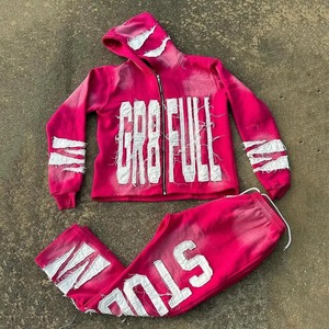 Wholesale Mono Riders Vintage Men's 2024 Winter Jogging Sweatsuits Distressed <b>Patch</b> Embroidery Acid Wash Flare Hoodie - Product Image 4