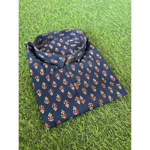 Indigo Folk-Print <b>Half</b>-<b>Sleeve</b> Men's Casual <b>Shirt</b> (SHKN1083) - Product Image 1