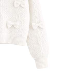 Manufacture Customized Women <b>White</b> Cable Knit <b>Cropped</b> Sweater With Bow Applique <b>Long</b> <b>Sleeve</b> Round Neck Cute Winter Fashion <b>Top</b> - Product Image 5