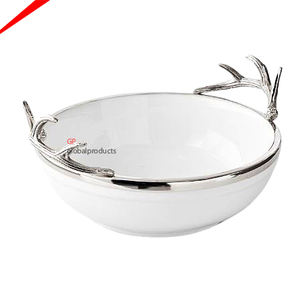 ชามเสิร์ฟสลัดอาหารด้ามแฟนซีชามเคลือบผงสีขาวทำจากโลหะทรงกลม - Product Image 1