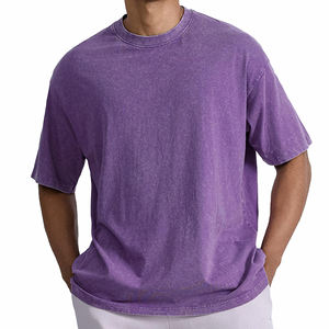 Camiseta de Verano 2026 para Hombre, Cuello Mao Lavado, Sarga, Ajuste Holgado, Estilo Casual Transfronterizo, Manga Corta, Color Liso, 120g - Product Image 1