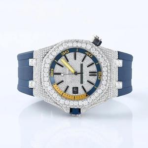 Demi glacé luxueux Moissanite diamant clouté montre bleu élastique chronographe cadran Quartz Date fonction pour hommes femmes - Product Image 3