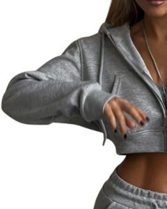 Customized <b>Women</b> <b>Grey</b> Crop <b>Zip</b> <b>Hoodie</b> Casual Long Sleeve Hooded Sweatshirt With Front Zipper Rib Cuff Fashion Winter Wear Top - Product Image 3
