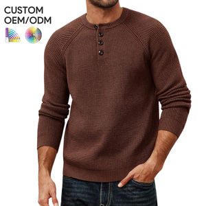 Pull en maille gaufré décontracté pour homme, personnalisé, en coton biologique respirant, anti-froissement, col rond, boutonné, texturé, style Henley - Product Image 1