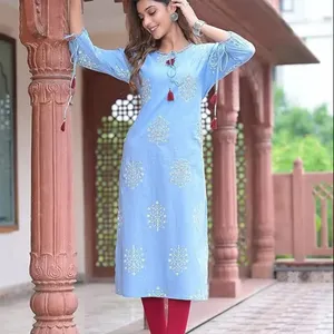 Buatan tangan India katun Cambric payet & Thread bekerja lurus Kurta pakaian kasual gaun