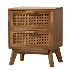 Neuankömmling Wood Brown 2-Schubladen-Beistell tisch mit Rattan Mid-Century Holz schrank mit Rattan