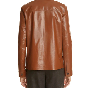 Wholesale Custom <b>Women</b> Glossy Finish Brown Leather <b>Shacket</b> Turn-Down Collar Button Up Coat - Product Image 4