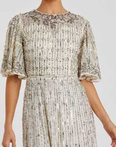 Elegante Vestido de Noche Largo hasta la Rodilla, Estilo Aline, de Chifón Sólido, con Mangas de Lentejuelas y Cuentas, Estilo Vestido de Gala para Fiesta - Product Image 4