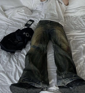 กางเกงยีนส์ทรงแบ็กกี้สำหรับผู้ชายกางเกงยีนส์ซักเย็บปะติดลายสตรีทย้อนยุคแนวสตรีทแฟชั่น - Product Image 6