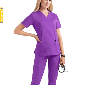 Ensemble d'uniformes infirmiers unisexes élégants à col en V et manches courtes, personnalisables avec étiquette privée, écologiques, 100 % coton, blouses médicales pour hôpital - Product Image 2