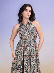 Robe imprimée en coton mélangé à col chemise et évasée sans manches pour femmes - Product Image 5