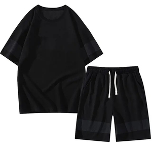 GYM ACTIVE ENTERPRISES Custom Men's Oversized Black Breathable <b>Knitted</b> Polyester Winter T-Shirt Shorts <b>Set</b> 2-Piece Tracksuit - Product Image 1