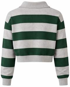 Suéter Corto Tipo Polo a Rayas Verde y Gris para Mujer, con Botones, Manga Larga, Tejido Suave, Informal, para Invierno, Prenda de Moda - Product Image 2