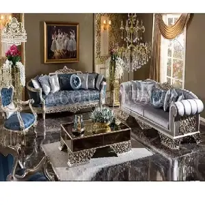 Victoriaanse Stijl Houten Sofa Set Voor Woonmeubilair Hoge Klassieke Luxe Woonkamer Meubels Set Blauwe Stof Getuft Bankstel