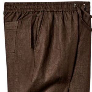 Classic Brown Linen Pants Featuring Varnished Wood <strong>Stopper</strong> <strong>Drawstrings</strong>, Versatile Design, and Breathable Fabric