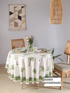 ผ้าปูโต๊ะผ้าฝ้ายอินเดีย100% ลายดอกไม้สีเขียวปาล์มทำด้วยมือปรับขนาดได้เองสำหรับงานแต่งงานบ้านโรงแรมตกแต่งปก PE ลายทรงกลม - Product Image 3