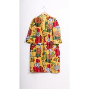 Indian Handmade Knitted Cotton Quilted Jacket Eco-Friendly Reversible Winter Robe with Vintage Design Long Length - Product Image 1