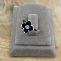 Anillo de Boda de Plata de Ley 925 con Ónix Negro Natural de 14 mm, Diseño de Flor, Engaste de Bisel, Trébol, Chapado en Oro de 14k y Rodio