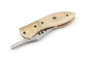Damascus Stainless Steel Drop Point Folding <b>Knife</b> Back Lock Bone Handle Leather Sheath for <b>Pocket</b> <b>EDC</b> Hunting Camping ODM OEM - Product Image 5