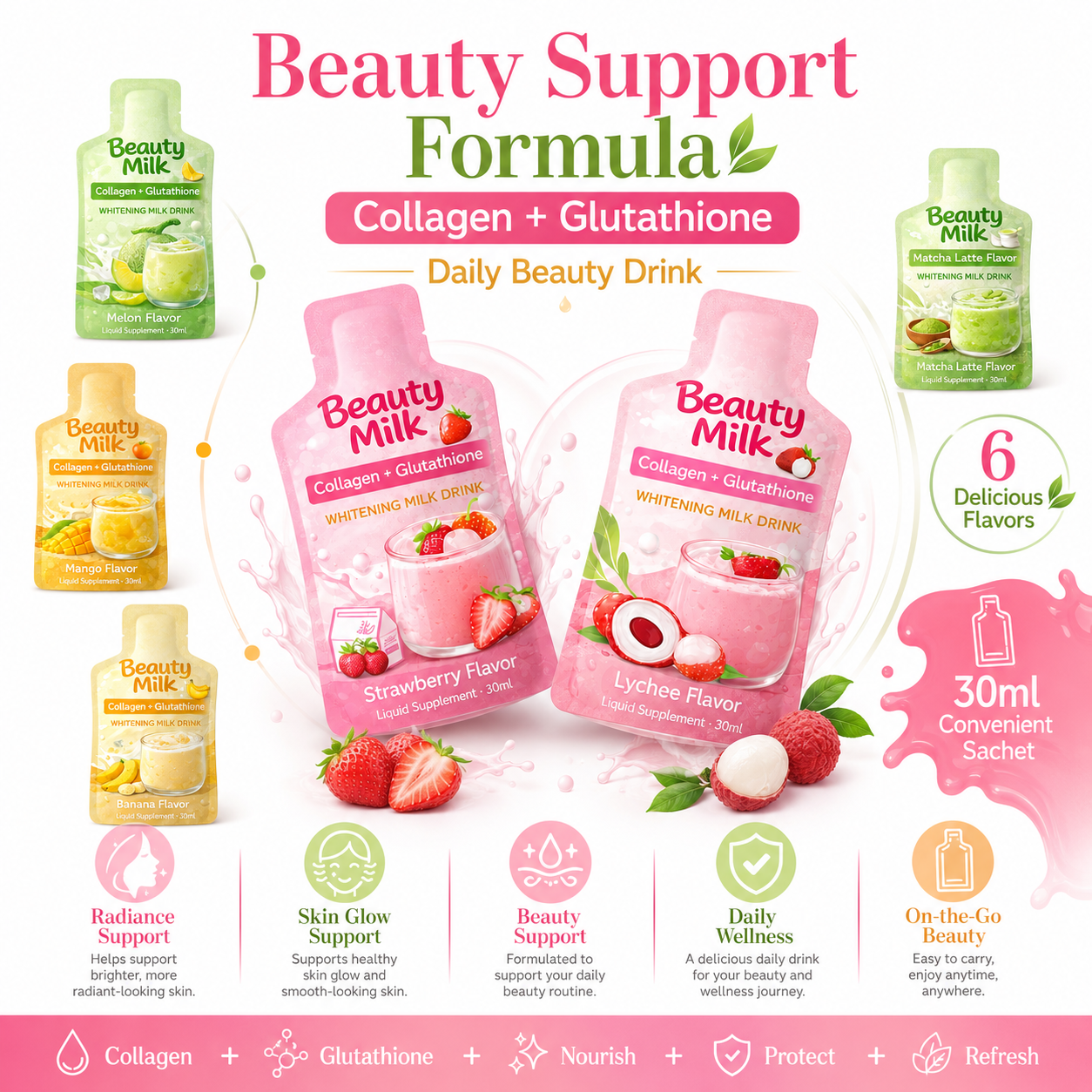 Strawberry Beauty Milk Liquid Drink Collagen Glutathione Skin Support OEM Private Label