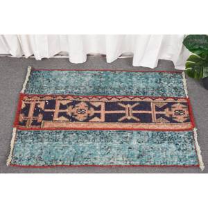 Tapis en laine turque bleu et rouge vintage 1.9x2.9 pieds tissage plat Patchwork Design pour les décorations de salon - Product Image 1