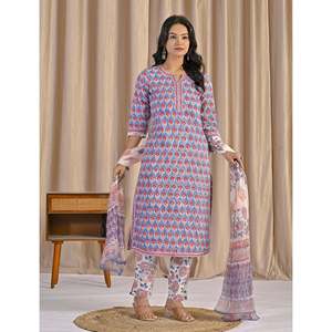 Light Blue Hand Drawn <b>Block</b> <b>Printed</b> Cotton Kurta Pant Set Indian Ethnic Suit for Girls for Daily Wear Parties Special Occasions - Product Image 5