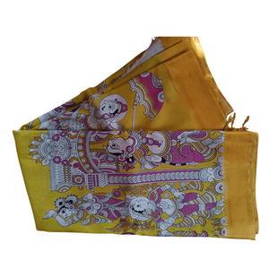 Sari de Seda Banarasi Golden Blossom Kalamkari, Estampado a Mano, Algodón Suave, Estilo Indio, para Festivales y Fiestas Étnicas - Product Image 4