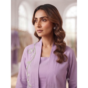 Ensemble Kurta pour femme en coton uni violet respirant à col mandarin, longueur intégrale - Style décontracté printemps/été - Product Image 3