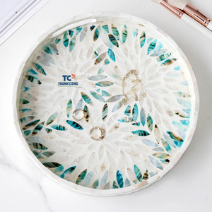 Plateau de service rond en nacre de haute qualité, fait main, écologique, élégant, avec incrustation florale, couleur personnalisée, poignées fabriquées au Vietnam - Product Image 2