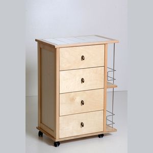 Chariot à tiroirs MASLEGNO en hêtre massif avec plateau en carrelage, design moderne, roues en plastique, rangement pour bouteilles - Solution pratique pour la cuisine - Product Image 1