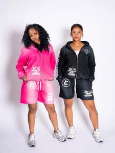 Summer Distressed Vintage Jogger Short Sets Heavy Weight 2 Pieces Zip up Hoodies Shorts Set Tracksuit - Product Image 2