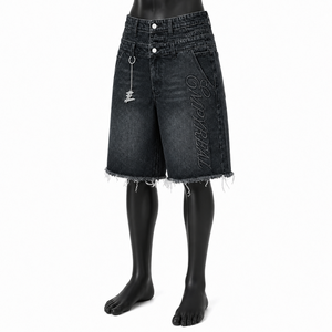 Men Vintage Washed <b>Layered</b> Denim Jorts Baggy Raw Hem Streetwear Jean Shorts Custom OEM ODM Wholesale - Product Image 3