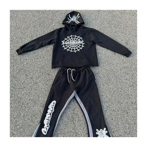 Survêtement OEM en coton 100%, ensemble sweats à capuche et pantalons de survêtement évasés LOGO personnalisé, ensemble sweat à capuche zippé et jogging - Product Image 1