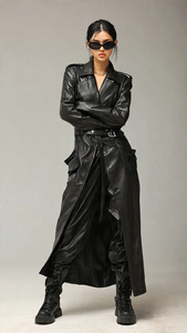 Abrigo largo de cuero para mujer, gabardina larga de cuero de estilo de invierno para mujer, abrigo largo holgado de cuero PU para mujer adulta - Product Image 5