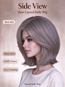 Short Layered Ash Milk Brown <b>Synthetic</b> <b>Wig</b> for Women, Natural Hairline Heat Resistant Fiber <b>Wig</b> Daily Wear - Product Image 2