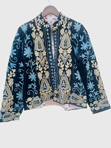 Veste en velours brodée à la main avec des motifs floraux, manches longues, col mandarin, élégante, pour l'hiver, taille adulte, grande taille - Product Image 1