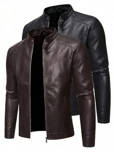 Veste en cuir pour hommes avec col montant couleur unie et logo avant Meilleure veste pour l'hiver - Product Image 3