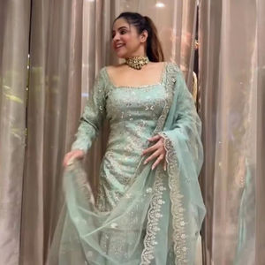 Indian and Pakistani Style Heavy Sequence Embroidery Work Top & Sharara Suit With Faux Georgette Dupatta Set for Wedding Wear - Product Image 1