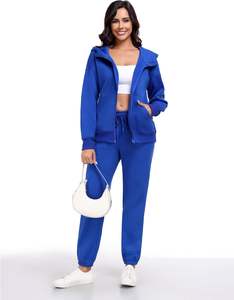 Sudadera con capucha y cremallera de 2 piezas de manga larga para mujer, conjunto de pantalones de chándal, botón de lona y decoración con cordón, sudadera con bolsillos - Product Image 1